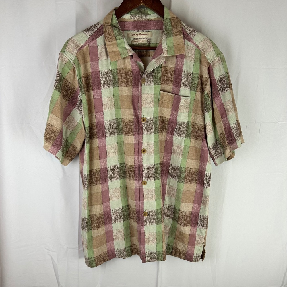 Tommy‎ Bahama Mens Medium Original Fit Silk Plaid Short Sleeve Button Up Shirt